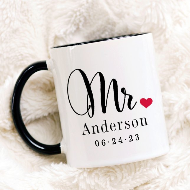 Herr Elegant Script Heart Custom Wedding Monogram Tasse (Von Creator hochgeladen)