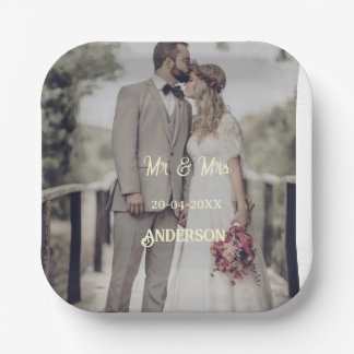 Herr & Frau fügen Familienname Foto Datum Hochzeit Pappteller