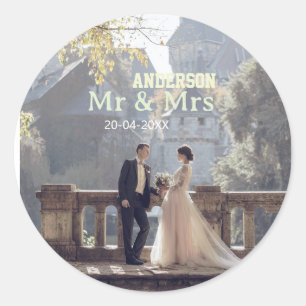 Herr & Frau fügen Familienname Foto Datum Hochzeit Runder Aufkleber