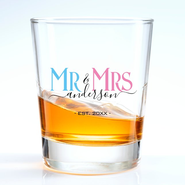 Herr & Frau Newlywed Gastgeschenk Hochzeit Schnapsglas (pink and blue mr and mrs wedding shot glass)