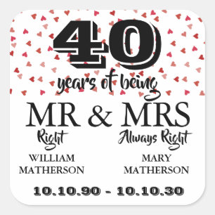 Herr Frau Recht Lustiger 40. Hochzeitstag Ruby Hea Quadratischer Aufkleber