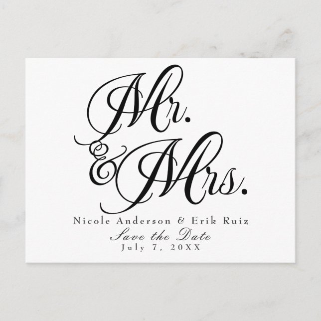Herr & Frau Schwarz-weiß Save the Date Einladung (Vorderseite)