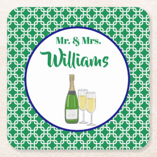 Herr & Frau Script Bride & Groom Champagne Flutes Rechteckiger Pappuntersetzer