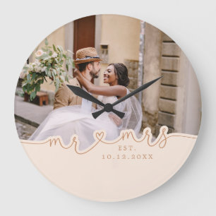 Herr Frau Skript Herz Foto Hochzeit Große Wanduhr