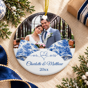 Herr Frau Weihnachten blau weiß Toile-Schleife Fot Keramik Ornament