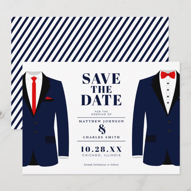 Herr & Herr Moderne Hochzeit Navy Tux - Heiratster Save The Date (Vorne/Hinten)