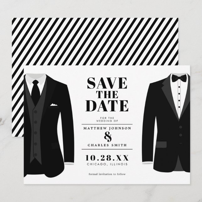 Herr & Mr. Modern Black Wedding Tux - Save the Dat Date (Vorne/Hinten)