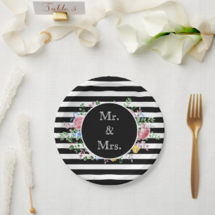 Herr & Mrs. Black and White Striped Blume Classic Pappteller