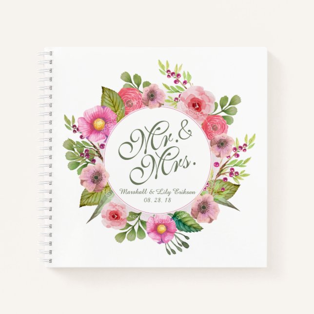 Herr & Mrs. Elegant Floral Wedding Notebook Notizbuch (Vorderseite)