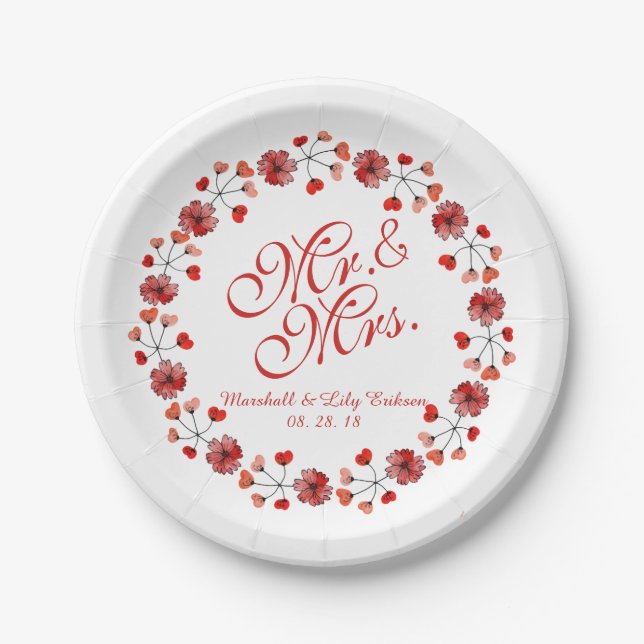 Herr & Mrs. Elegant Floral Wedding Paper Plate Pappteller (Vorderseite)