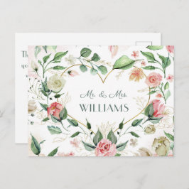 Herr & Mrs. Elegant Pink Floral Gold Heart Wedding Postkarte