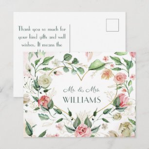Herr & Mrs. Elegant Pink Floral Gold Heart Wedding Postkarte