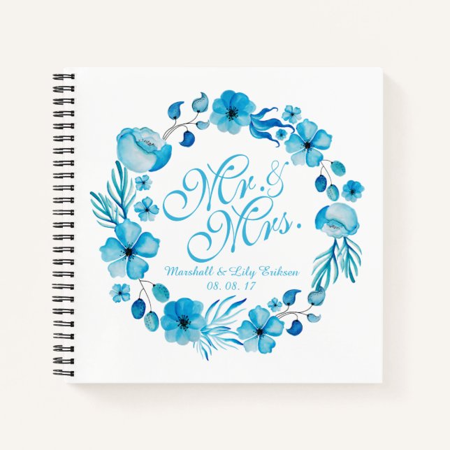 Herr & Mrs Floral Watercolor Wedding Gästebuch Notizbuch (Vorderseite)
