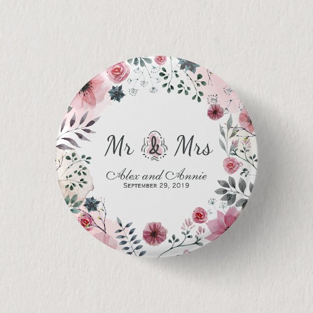 Herr & Mrs. Floral Watercolor Wedding | Schaltfläc Button (Vorderseite)