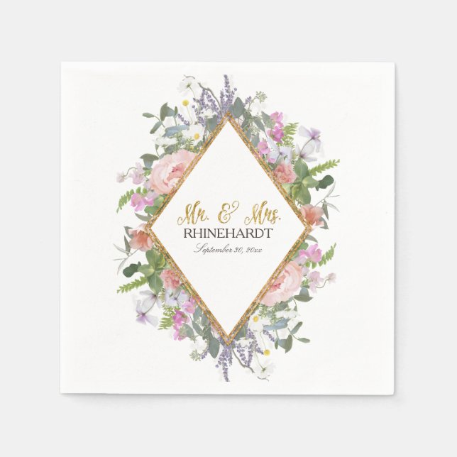 Herr & Mrs. Gold Imitate Glitzer Wildblume Floral  Serviette (Vorderseite)