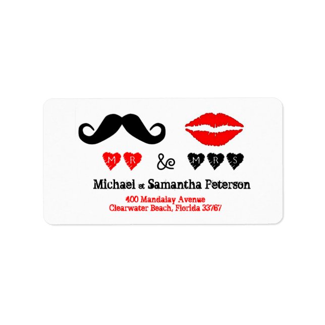 Herr & Mrs Lips & Mustache Wedding Address Adressaufkleber (Vorne)