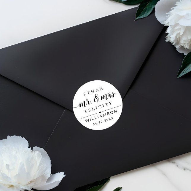 Herr & Mrs. | Minimale Braut & Groom Black Wedding Runder Aufkleber (Mr. & Mrs. | Minimal Bride & Groom Black Wedding Classic Round Sticker)