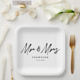 Herr & Mrs. Modern Schwarz-weiß Script Wedding Pappteller