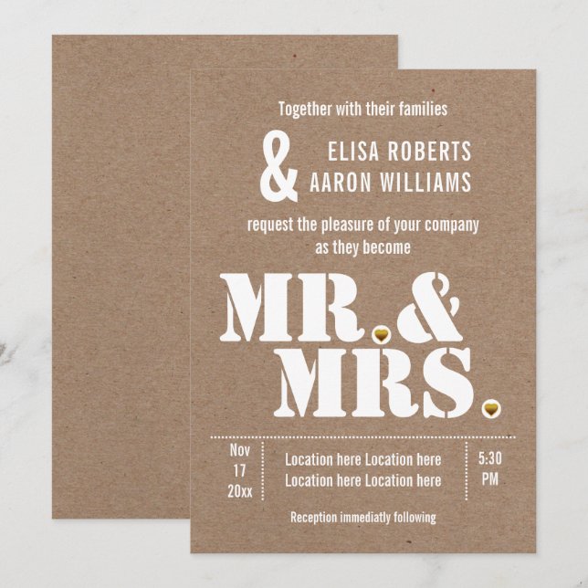 Herr & Mrs. Modern typography kraft paper wedding Einladung (Vorne/Hinten)