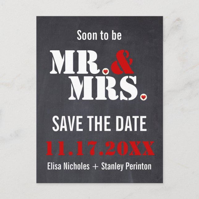 Herr & Mrs Modern typography wedding Save the Date Ankündigungspostkarte (Vorderseite)