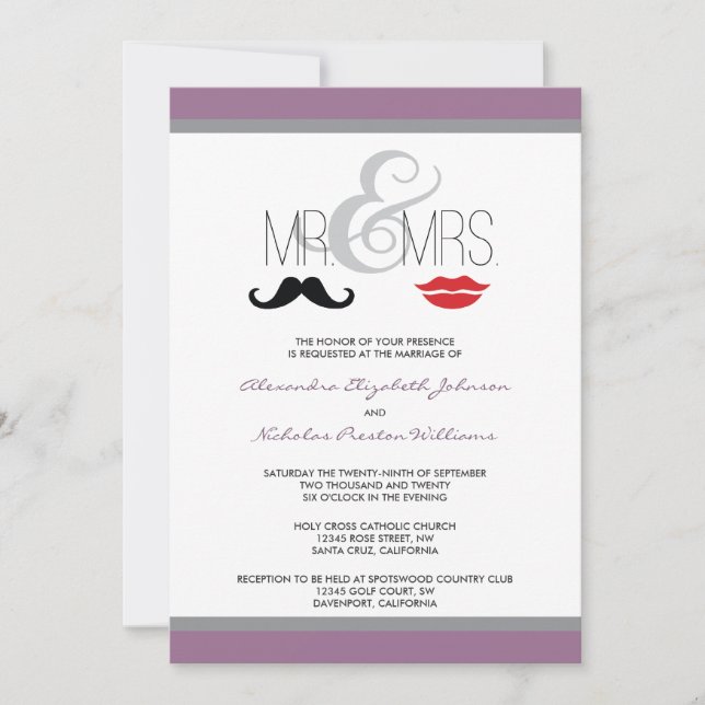 Herr & Mrs Mustache & Lipstick Wedding Einladung (Vorderseite)