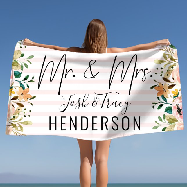 Herr & Mrs. Personalisiert Names and Last Name Flo Strandtuch (Mr. & Mrs. Personalized Names and Last Name Floral Beach Towel)