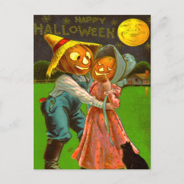 Herr & Mrs. Pumpkin mit ihrer schwarzen Katze Postkarte (Vorderseite)