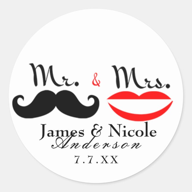 Herr & Mrs. Retro Mustache Lips Wedding Sticker (Vorderseite)