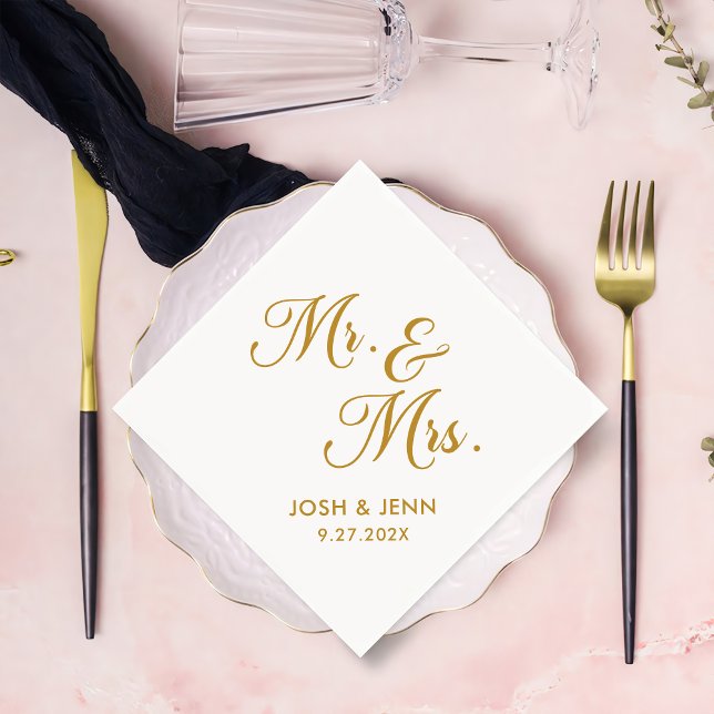 Herr & Mrs. Simple Script Gold Wedding Napkins Serviette (Von Creator hochgeladen)