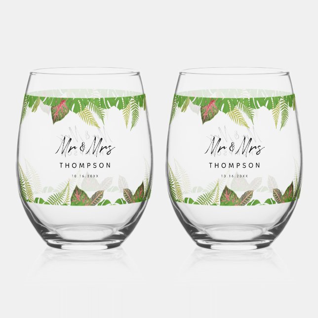 Herr & Mrs. Tropical Blätter Script Wedding Gift Weinglas Ohne Stiel (Vorderseite)