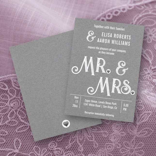 Herr & Mrs Typografy gray Kraftpapier Hochzeit Einladung (Von Creator hochgeladen)