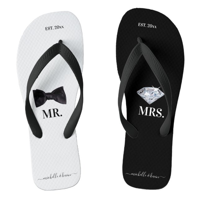 Herr & Mrs Wedding Black & White Flip Flops (Fußbett)