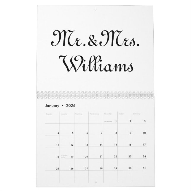 Herr & Mrs. white black custom script name elegant Kalender (Jan 2026)
