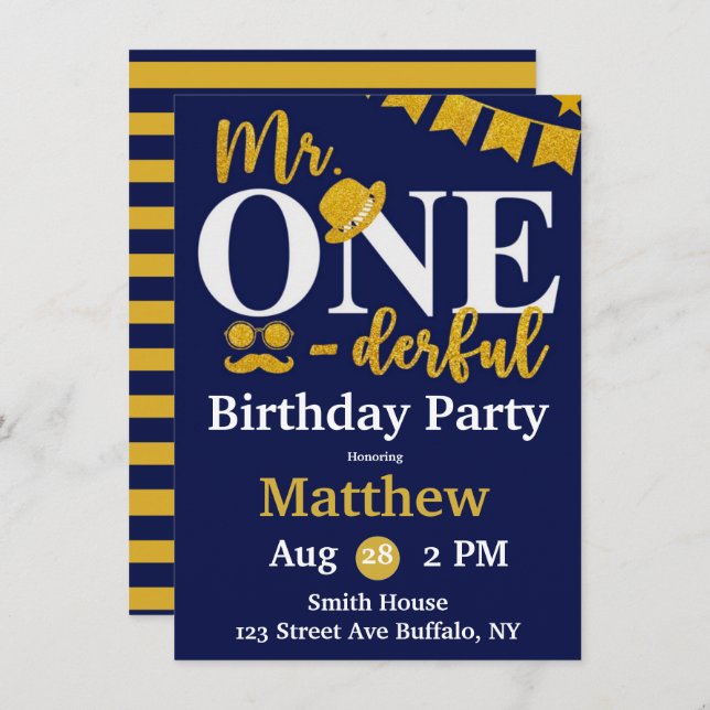 Herr One-derful Navy and Gold Birthday Party Invit Einladung (Vorne/Hinten)