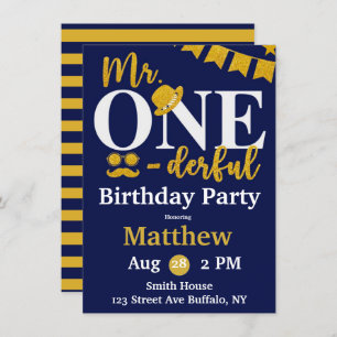 Herr One-derful Navy and Gold Birthday Party Invit Einladung