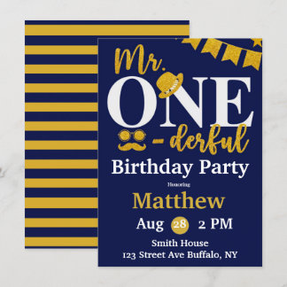 Herr One-derful Navy and Gold Birthday Party Invit Einladung