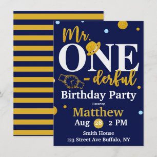 Herr One-derful Navy and Gold Birthday Party Invit Einladung