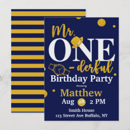 Herr One-derful Navy and Gold Birthday Party Invit Einladung