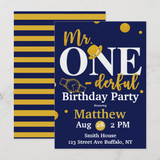 Herr One-derful Navy and Gold Birthday Party Invit Einladung