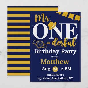Herr One-derful Navy and Gold Birthday Party Invit Einladung