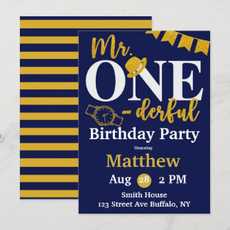 Herr One-derful Navy and Gold Birthday Party Invit Einladung