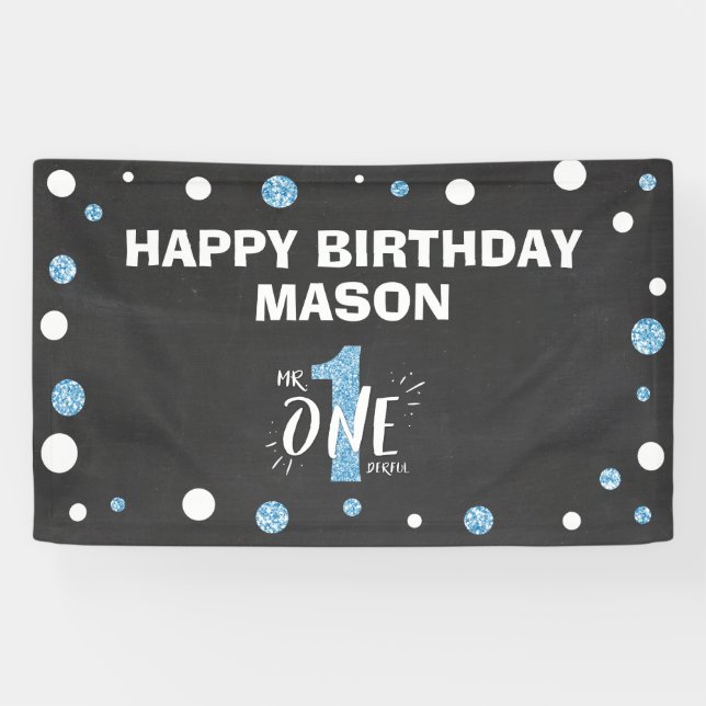 Herr Onederful Birthday Banner Boy Black Blue (Horizontal)