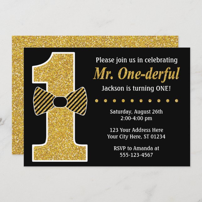 Herr ONEderful Birthday Einladung ・ Black and Gold (Vorne/Hinten)