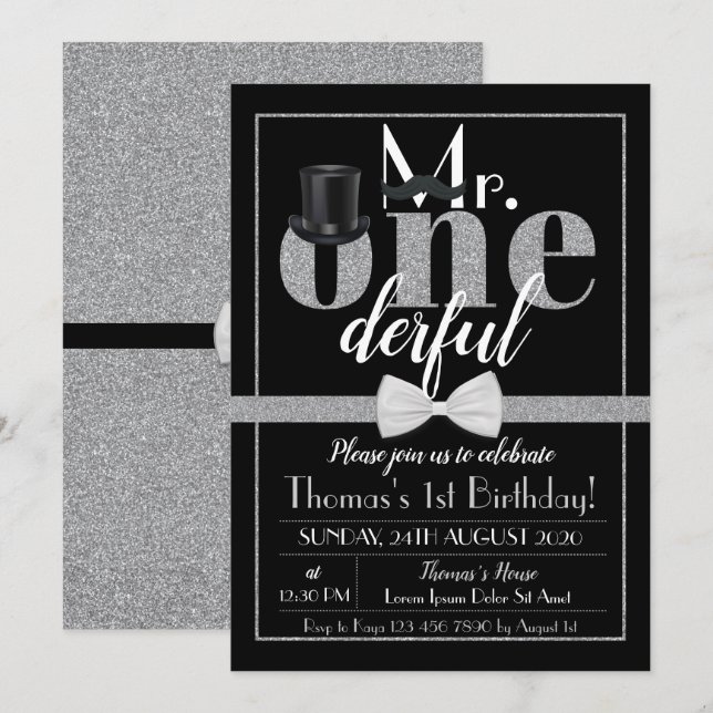 Herr Onederful Birthday Einladung Black & White (Vorne/Hinten)