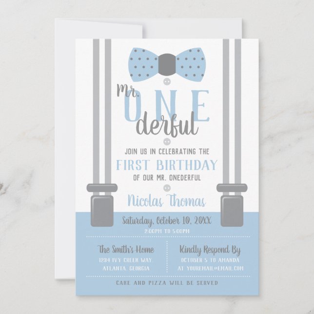 Herr ONEderful Birthday Invitation, Blue, Gray Einladung (Vorderseite)