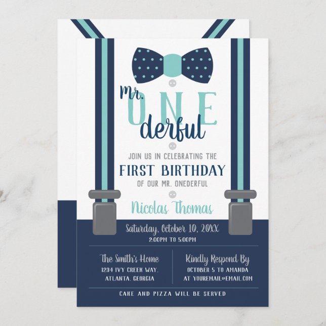 Herr ONEderful Birthday Invitation, Blue, Gray Einladung (Vorne/Hinten)