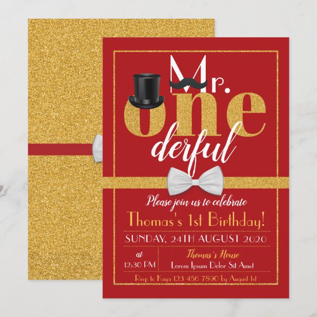 Herr Onederful Birthday Invitation Red & Gold Einladung (Vorne/Hinten)