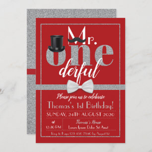 Herr Onederful Birthday Invitation Red & Silver Einladung