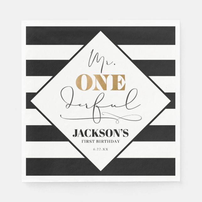 Herr Onederful Black and White Striped Paper Napki Serviette (Vorderseite)