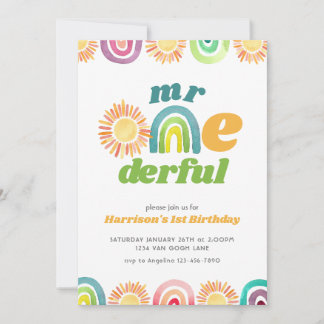 Herr ONEderful Boho Erster Geburtstag Rainbow Einladung
